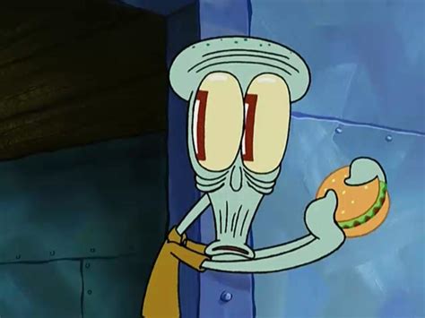 This article is a transcript of the SpongeBob SquarePants episode "Just One Bite" from season 3, which aired on October 5, 2001. . Squidward eating krabby patty